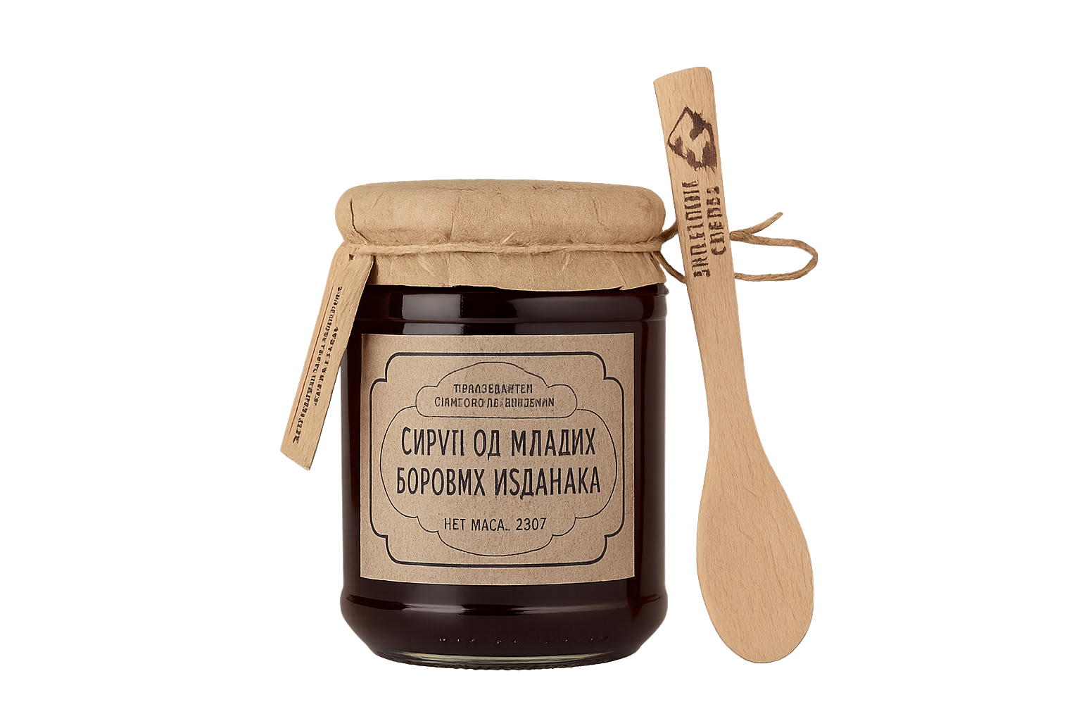 Pine Cone Syrup with Wooden Spoon